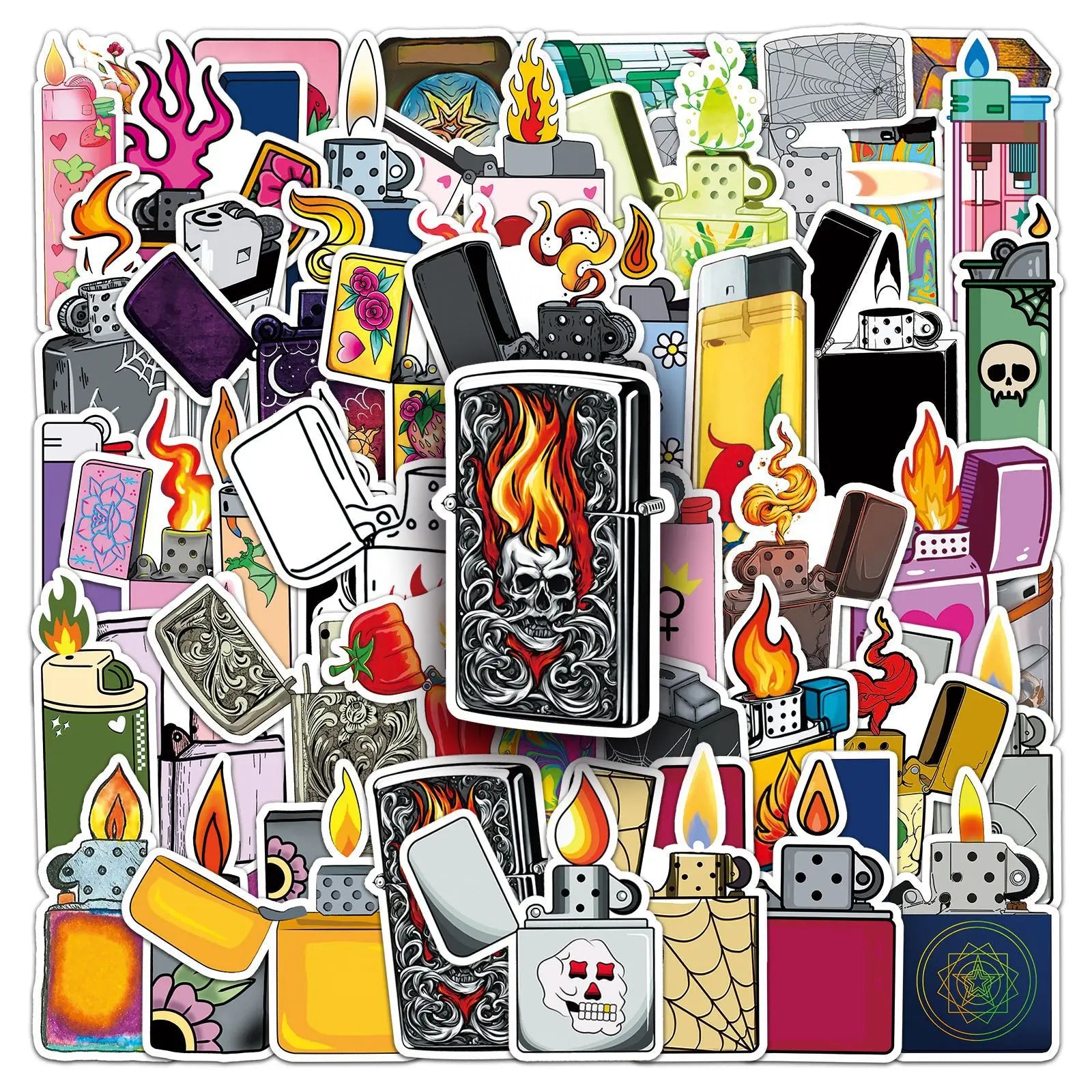 50 Pcs Various Colorful Lighters  PVC Waterproof Stickers for Laptop Skateboard Suitcase Refrigerator Handbag and Books