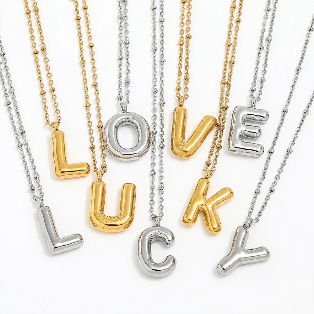 18K Gold Plated 26 Bubble Letter Pendant Necklace Stainless Steel Alphabet Necklace Fashion Jewelry for Women