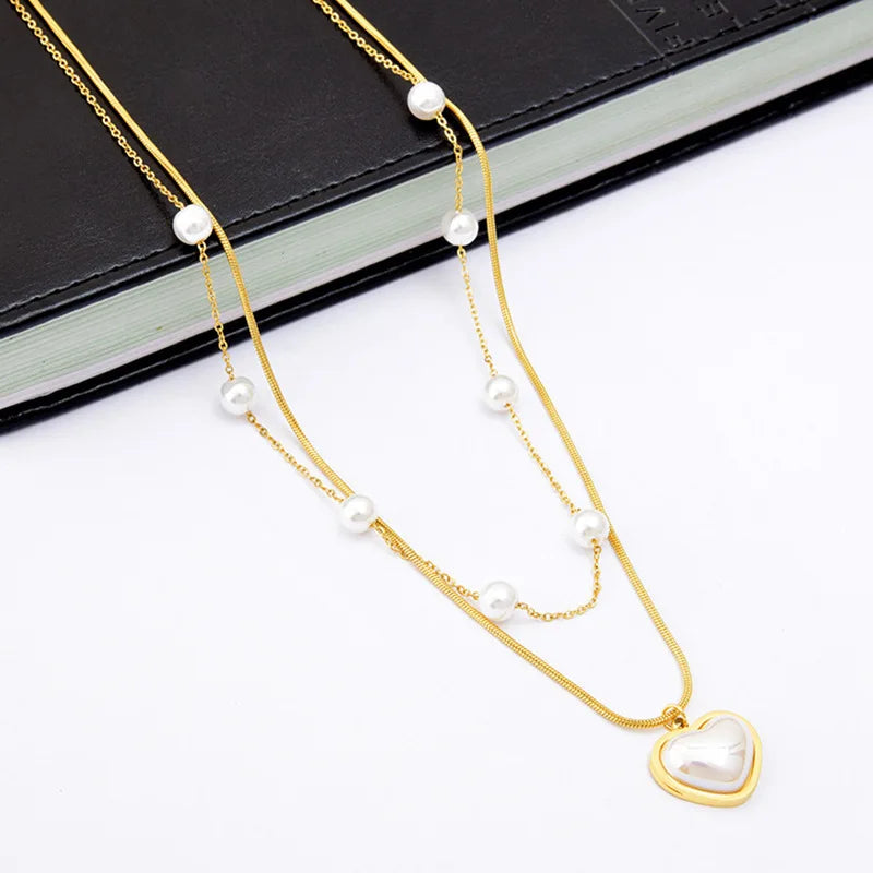 New Fashion Adjustable Double Layer Stainless Steel Gold Plated Pearl Heart Pendant Necklace for Women