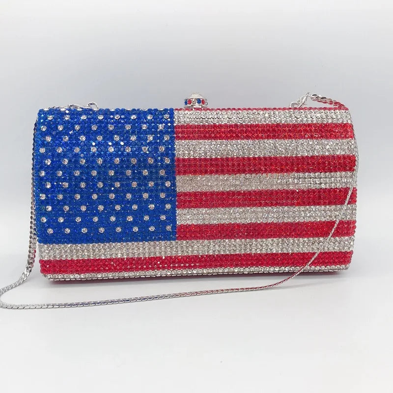 Classic Party USA American Flag Shaped Crystal Diamond Rhinestone Clutch Purse