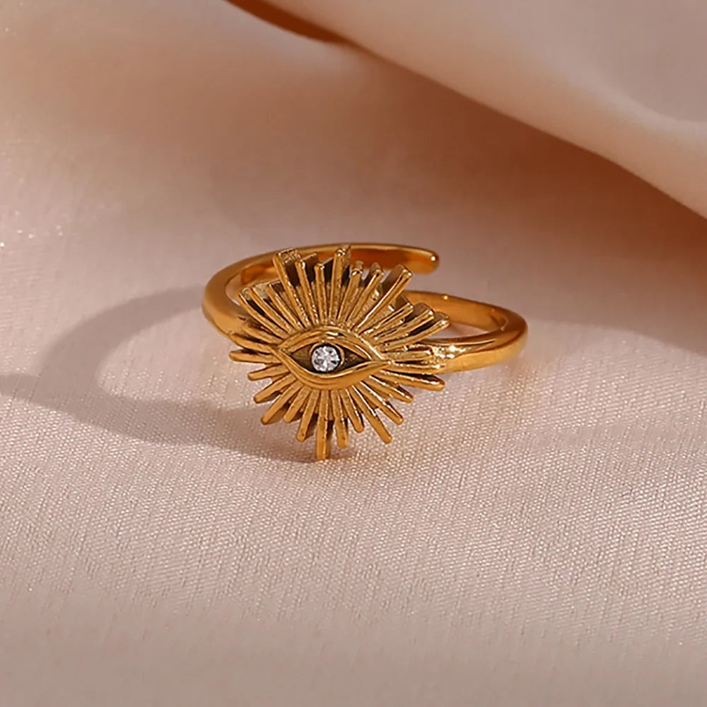 Dreamshow Vintage Adjustable Evil Eye Zircon Ring 18K Gold Plated Stainless Steel Rings Jewelry Women