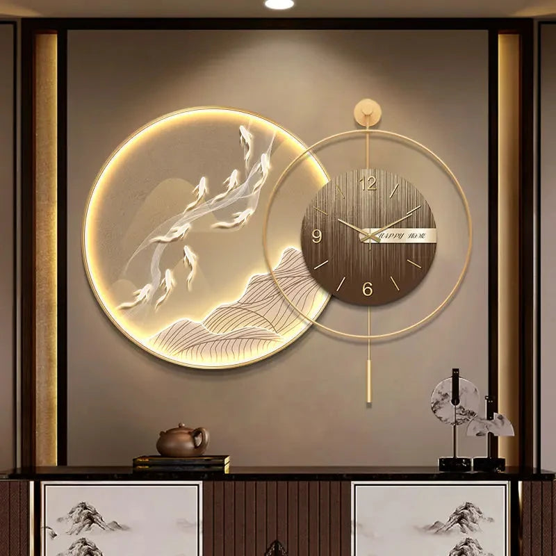 Light Luxury Style Decorative Painting With Clock High-end Circular Luminous Clock Hanging Painting Home Living Room Wall Mural