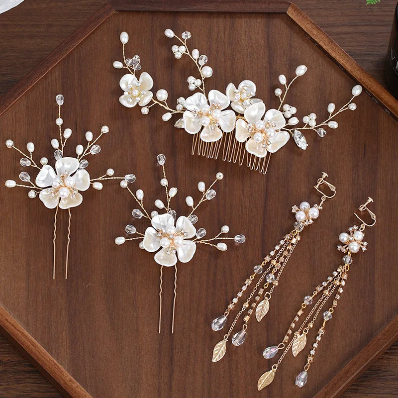 5PCS Bridal Pearl Hair Comb Hairpin Earrings Set Handmade Bridal Wedding Party Accessories