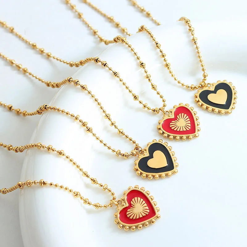 New Fashion 316L Stainless Steel Red Black Heart Love Pendant Choker Necklace Women P1383