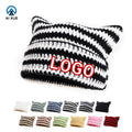 Customizable Crochet Beanies Slouchy Wool Knitted Hat With Customizable Size LOGO Cute Cat Ear Warm Super Soft Striped Women