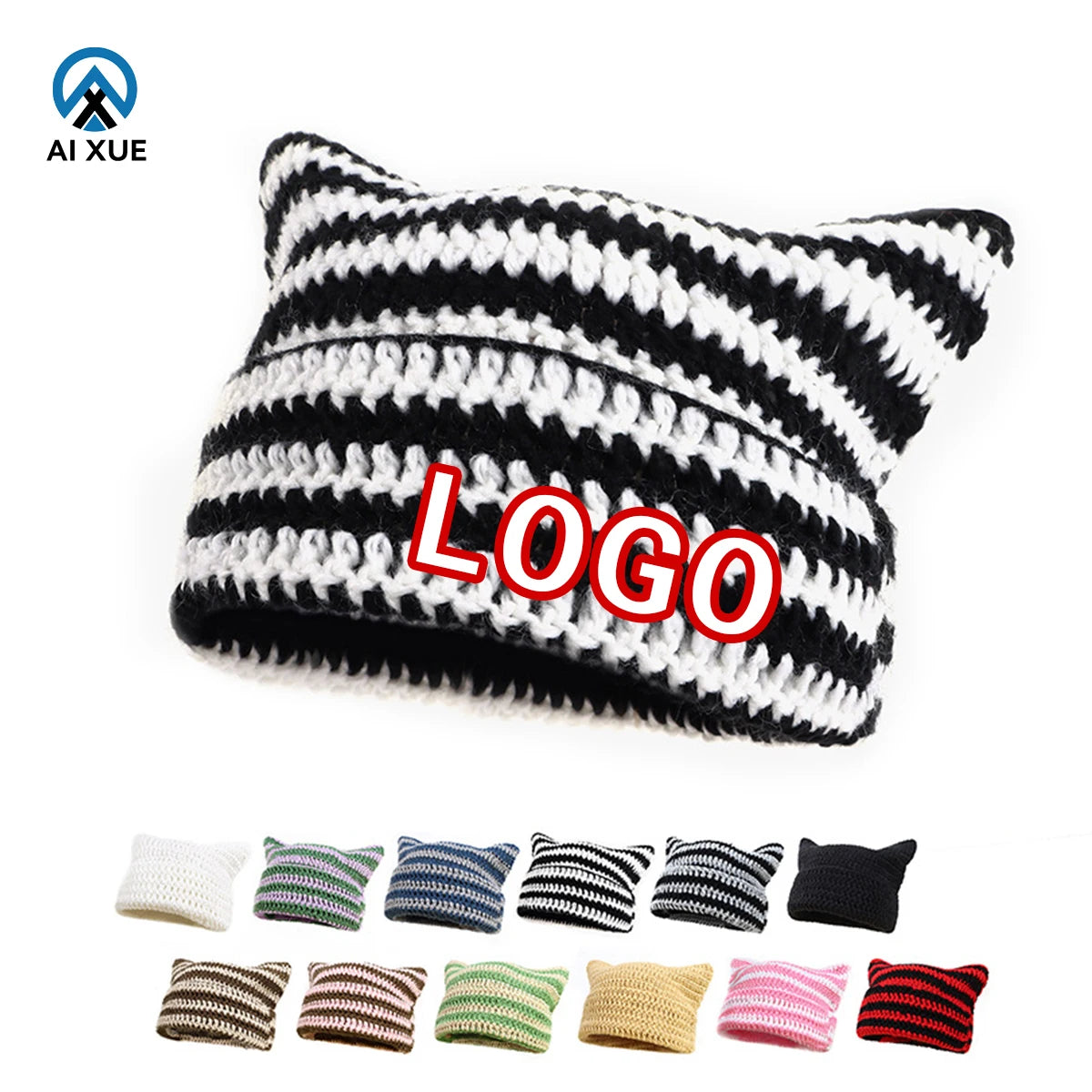 Customizable Crochet Beanies Slouchy Wool Knitted Hat With Customizable Size LOGO Cute Cat Ear Warm Super Soft Striped Women