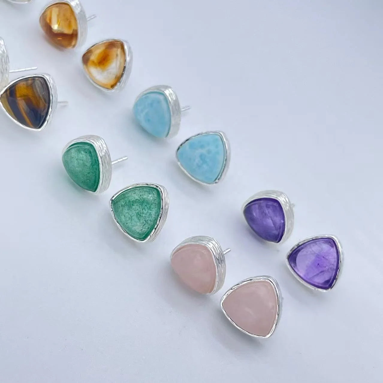 Healing Stone Larimar Aquamarine Amethyst Amazonite Citrine Labradorite tiger Eye Moonstone Triangle  925 Silver Needle Studs