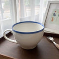 Solhui  Ceramic Soup Serving Bowl With Handle Fruit Salad Bowl With Blue Rim