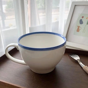 Solhui Ceramic Soup Serving Bowl With Handle Fruit Salad Bowl With Blue Rim