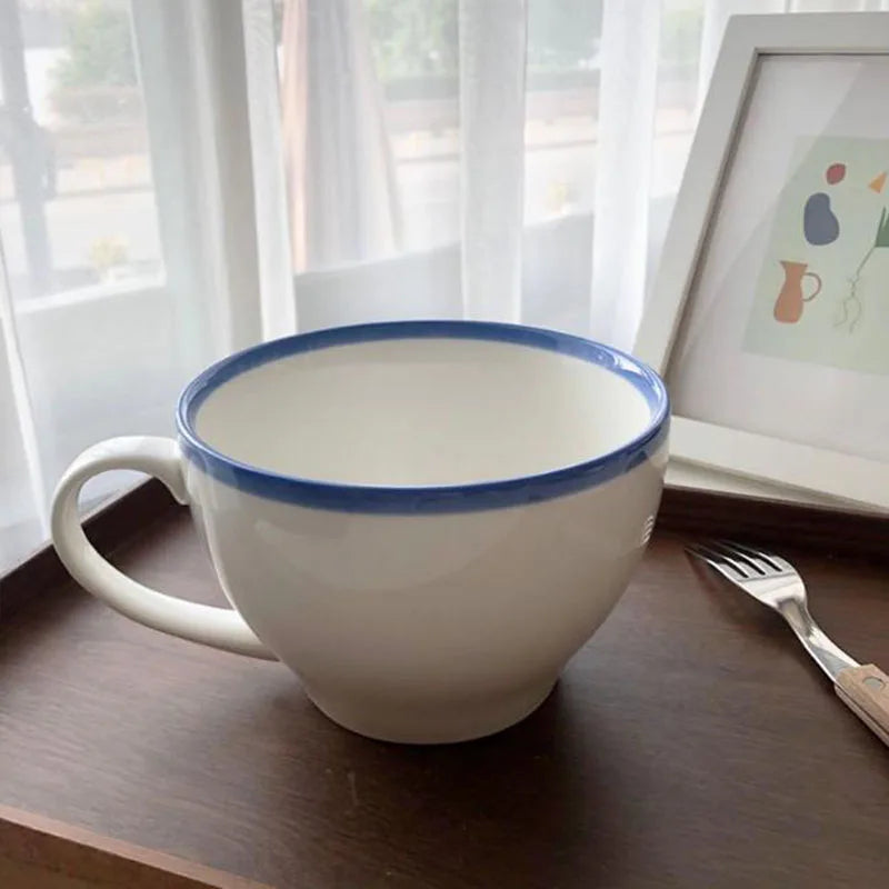 Solhui  Ceramic Soup Serving Bowl With Handle Fruit Salad Bowl With Blue Rim
