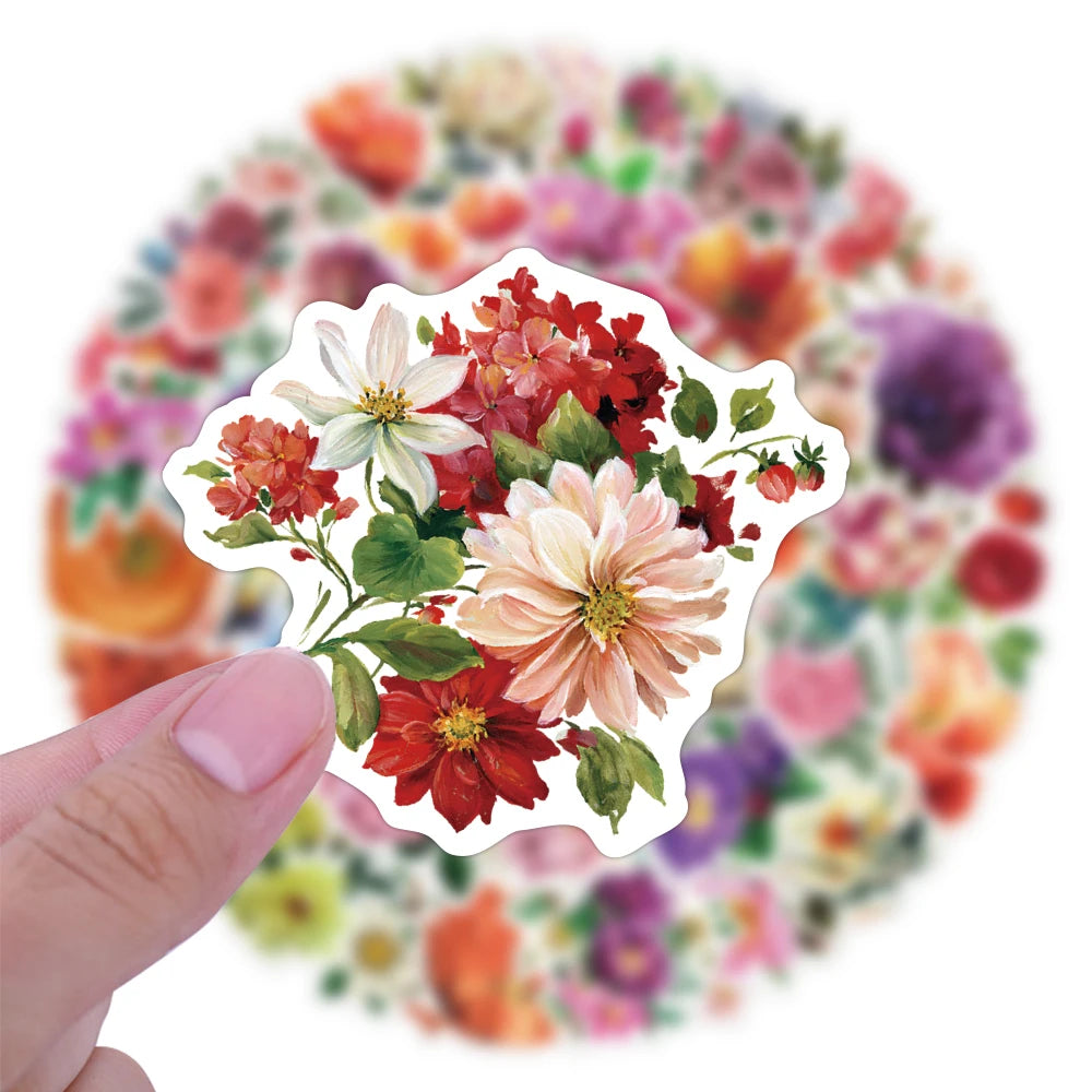 50pcs/Bag Waterproof Cute Cartoon Flowers Sticker Custom Vinyl Logo Retro Decorative Plant Stickers Journal Scrapbook Girls Wall