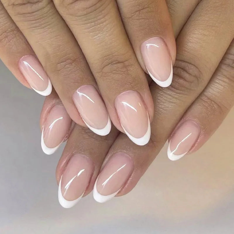Custom Logo Nails Packaging Box New Design Full-Covered French Almond Nude White Press on Nails