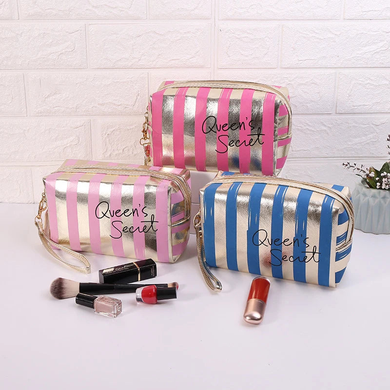 Hot Selling Stripe Printed Waterproof Cute Makeup Pu Leather Storage Cosmetic Bag Women Portable Reusable Zipper Bag