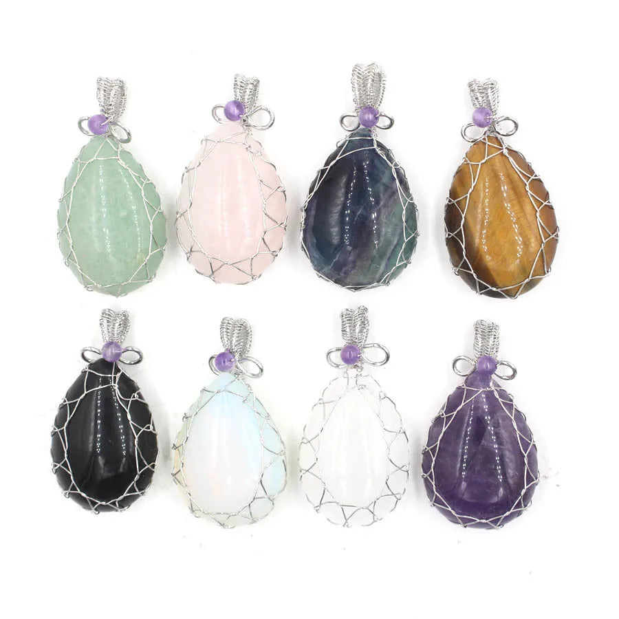 DIY Jewellery Natural Healing Crystal Teardrop Shape Stone Wire Wrapped Tiger Eye Opalite Rainbow Fluorite Necklace Pendant