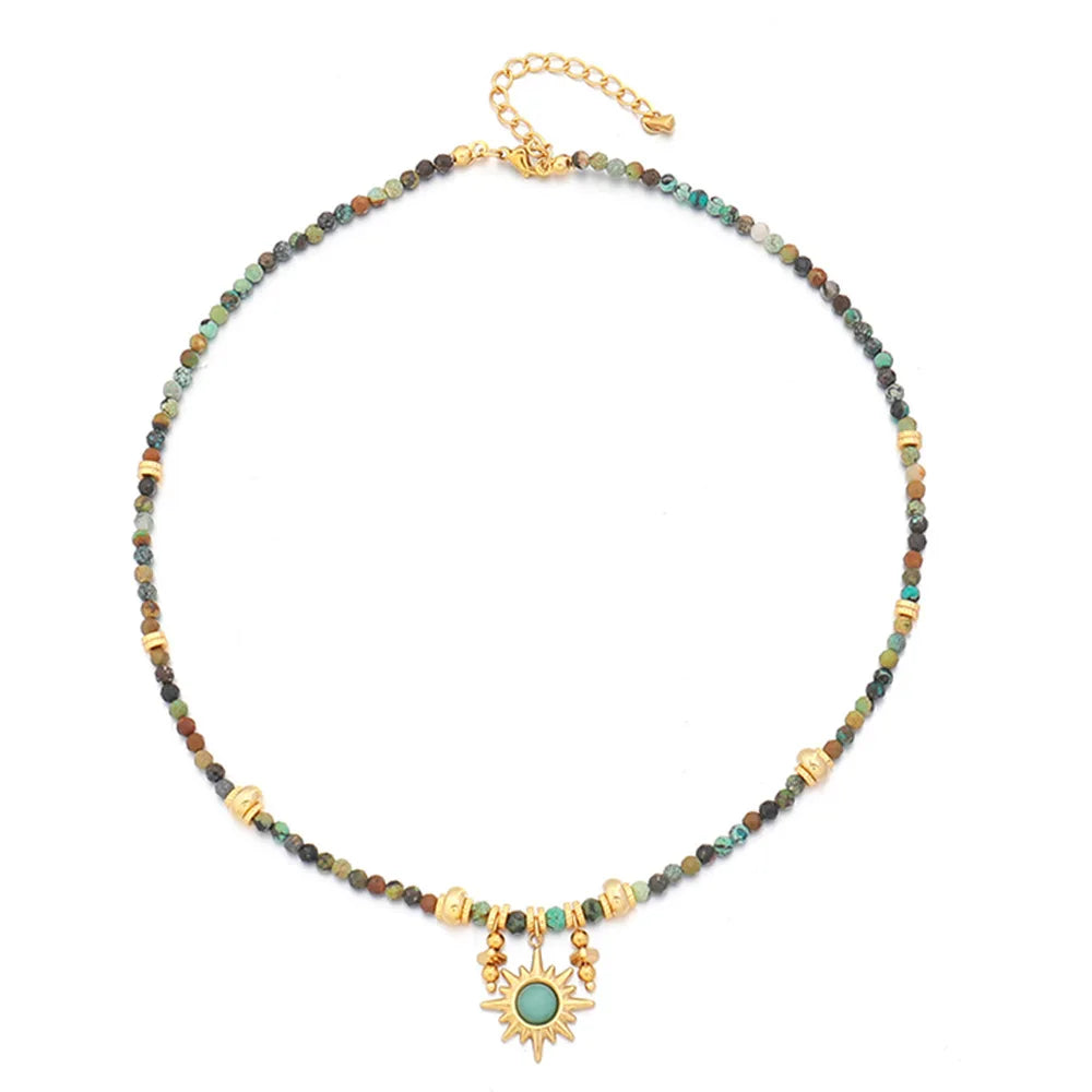 Woman Turquoise Natural Stone Sun Shaped Pendant Hand Strung Beads Necklaces