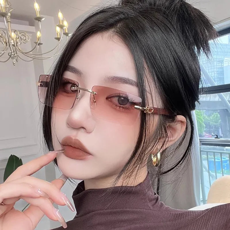 Logo Custom Luxury Fashion Men Women Diamond Cutting Small Square Rimless Sunglasses Women