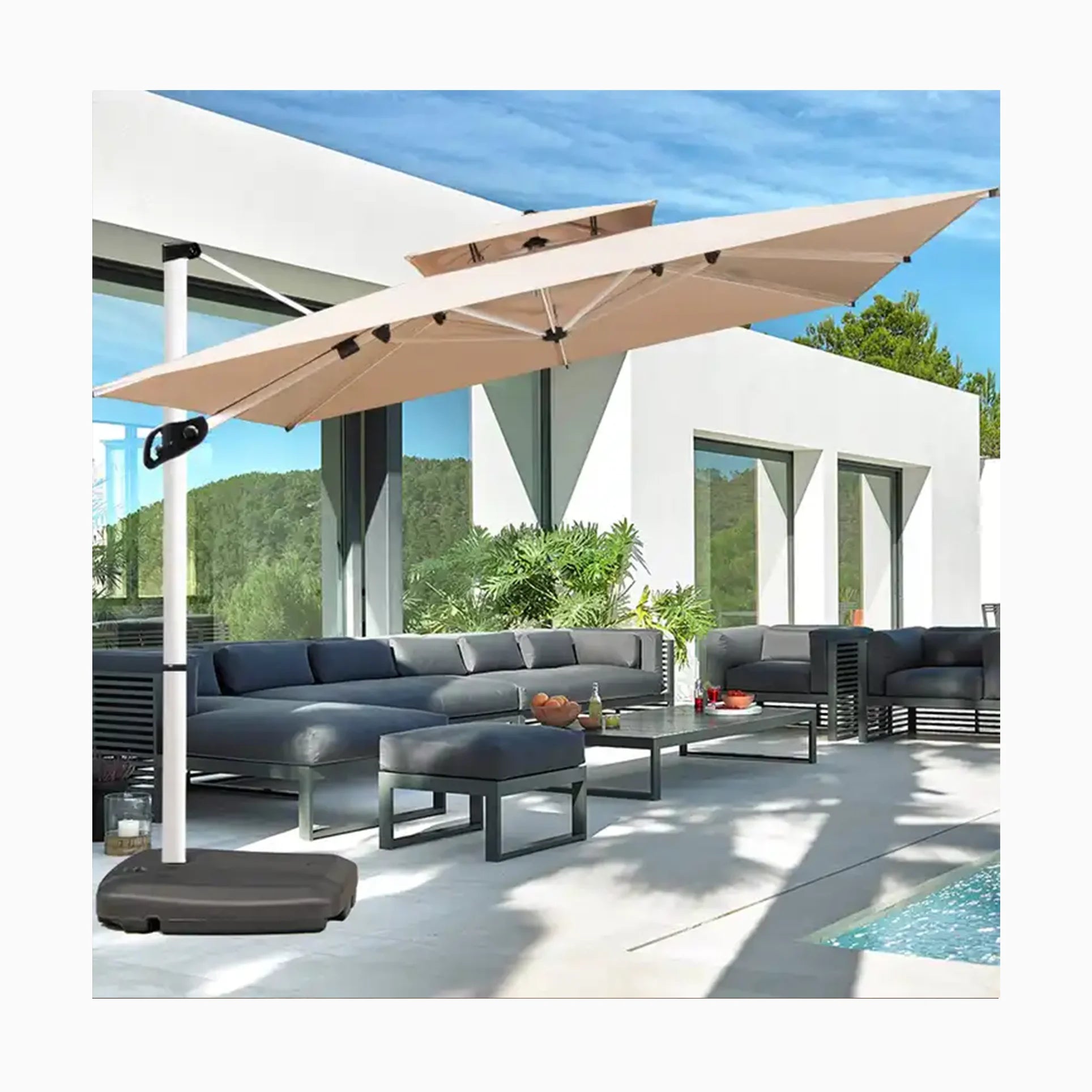 Outdoor Patio Large Solar Umbrella with LED Light Luxury Garden Beach & Commercial Parasol Waterproof for Hotels & Markets