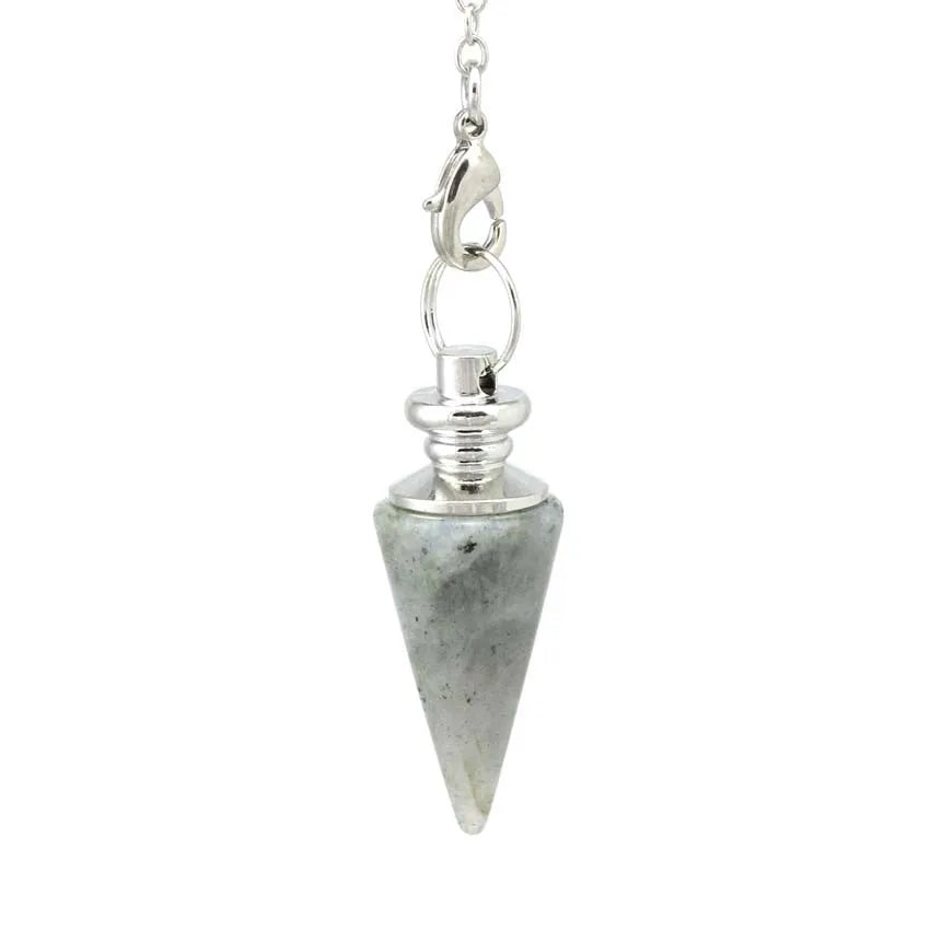 HZ Unique Silver Plated Hexagon Pyramid Natural Labradorite Stone Pendulum Pendant Link Chain Necklace Jewelry