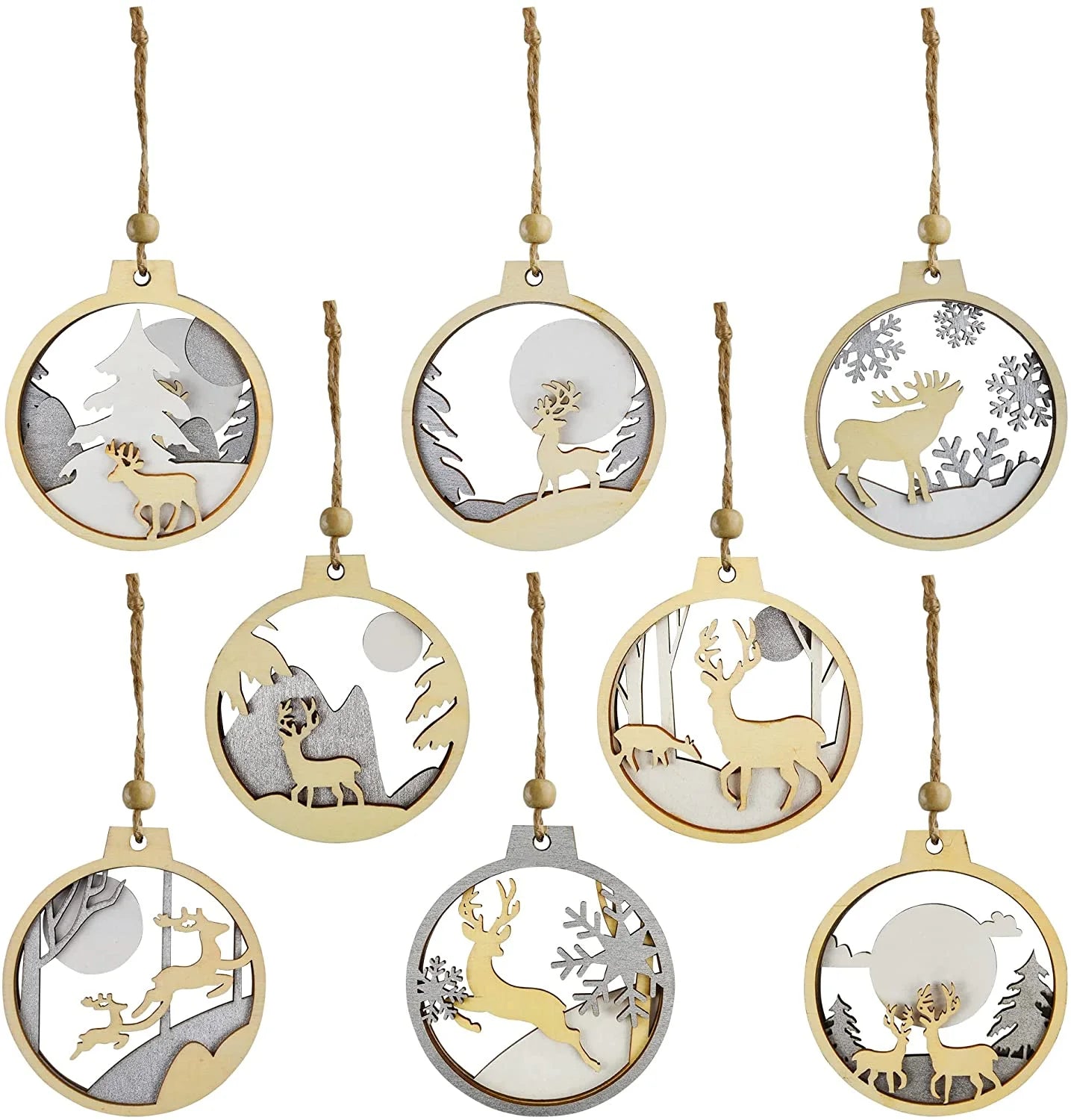 Tailai Wooden Christmas Reindeer Ornaments Set of 8-Handmade Round Glitter Xmas Tree Hanging Ornaments