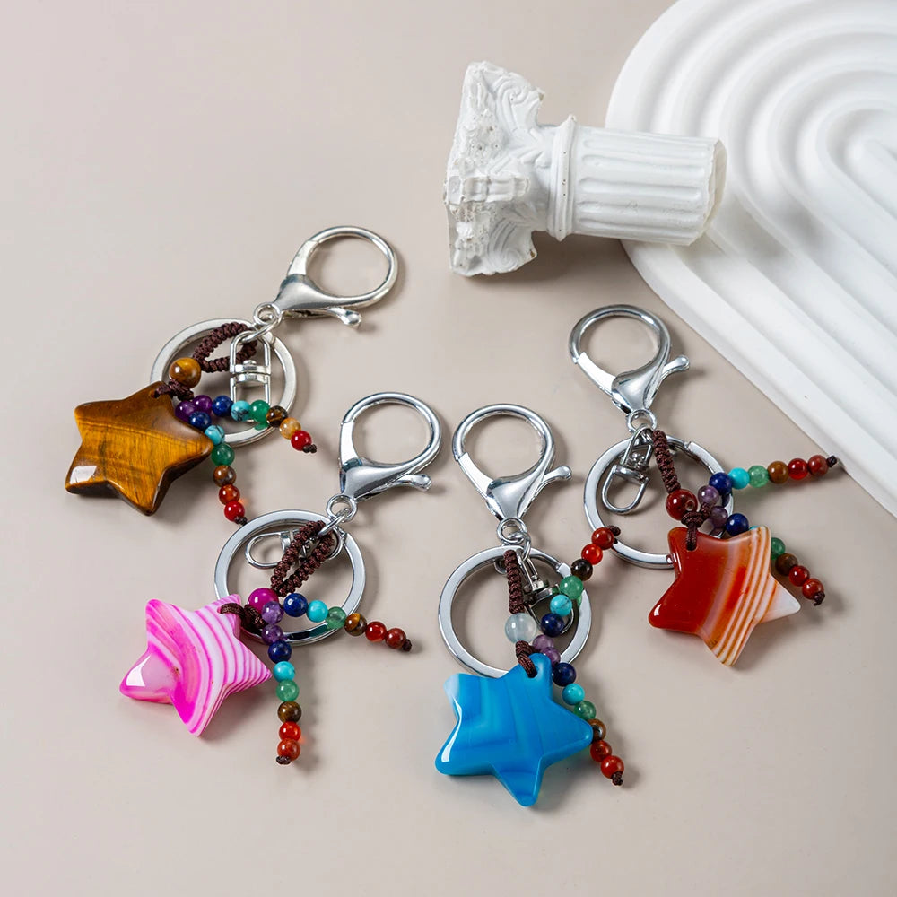 Custom 30mm Crystal Five-pointed Star Pendant Keychain Chakra Meditation Therapy Round Beaded Tassel Keychain Bag Car Accessory