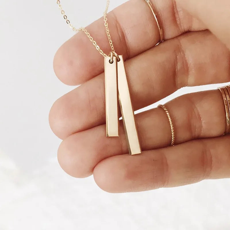 EManco Stainless Steel Rectangular Pendant Necklace Gold Plated Double Long Vertical Bar Snake Chain for Fashion Gift