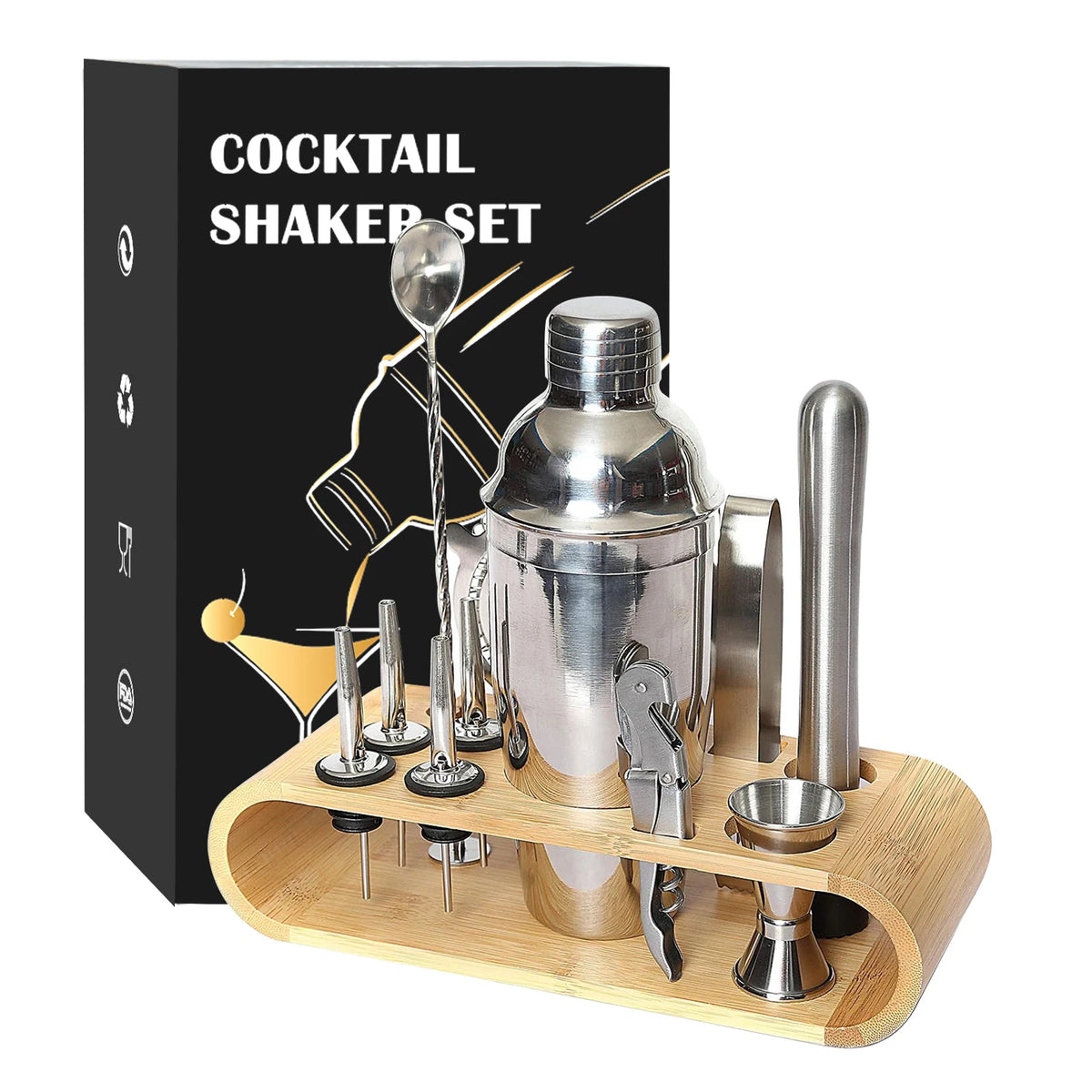 QZQ Professional Barware Tools Wooden Stand Travel Gift Stainless Steel Bartender Kit Bar Accessories Jigger Cocktail Shaker Set MegaBDM