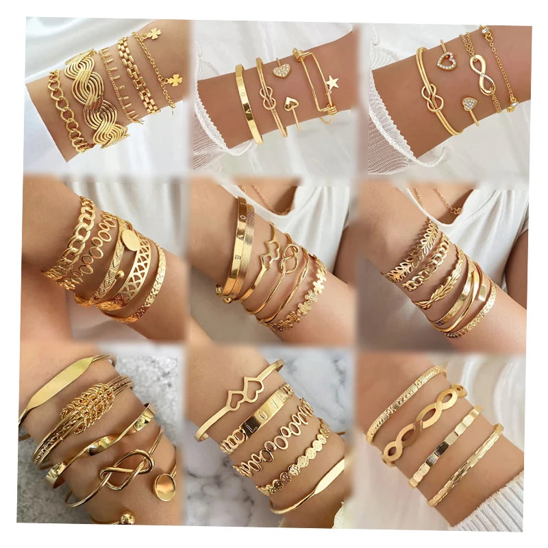 4Pcs/Set Punk Style Bracelet Love Heart Zircon Flower Leaf Letter Charm Bracelet Set for Women Jewelry