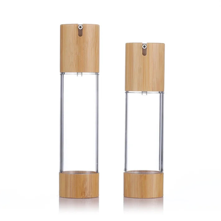 Custom Skincare Cosmetic Packaging 15ml 30ml 50ml Empty Bamboo Screw Airless Pump Lotion Bottle
