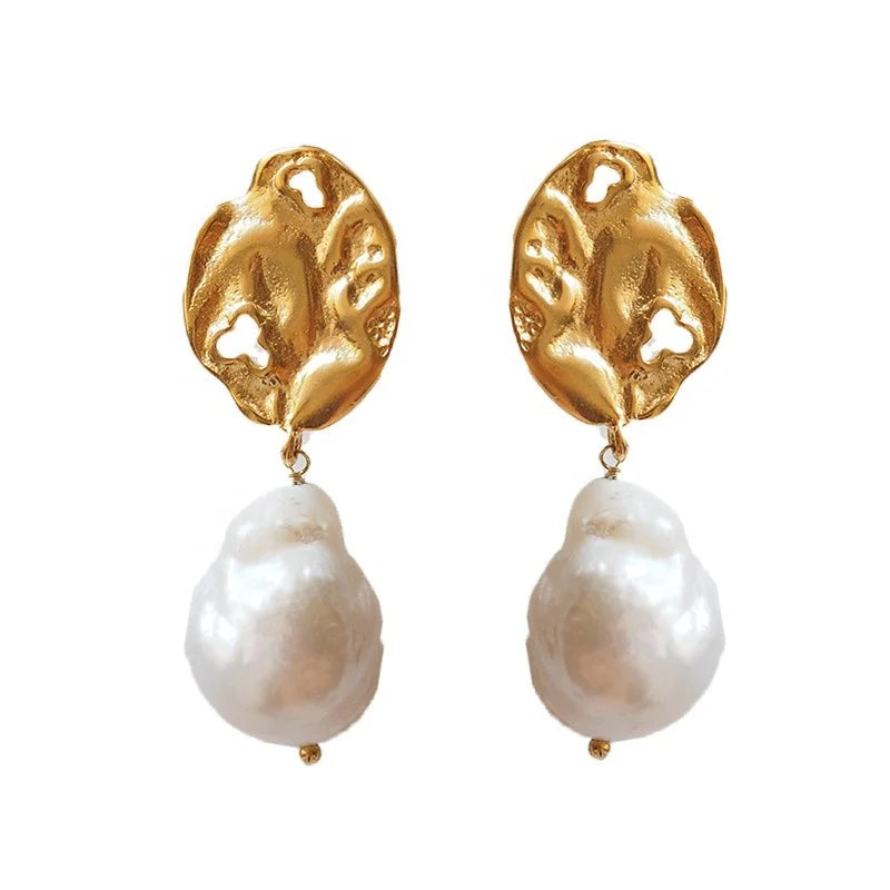 French Style Fashion Jewelry Gold Plated  Gold Leaf Natural Freshwater Baroque Pearl Earrings