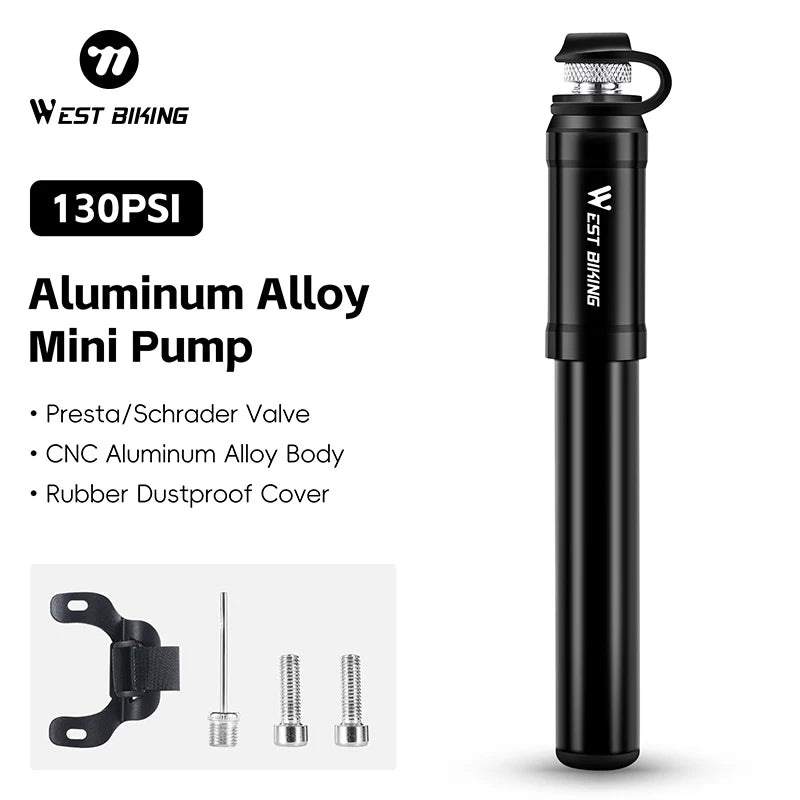 WEST BIKING 130PSI High Pressure Pump Aluminum Alloy Inflator Hand Pump Bicycle Waterproof Portable Mini Bike Bicycle Air Pump