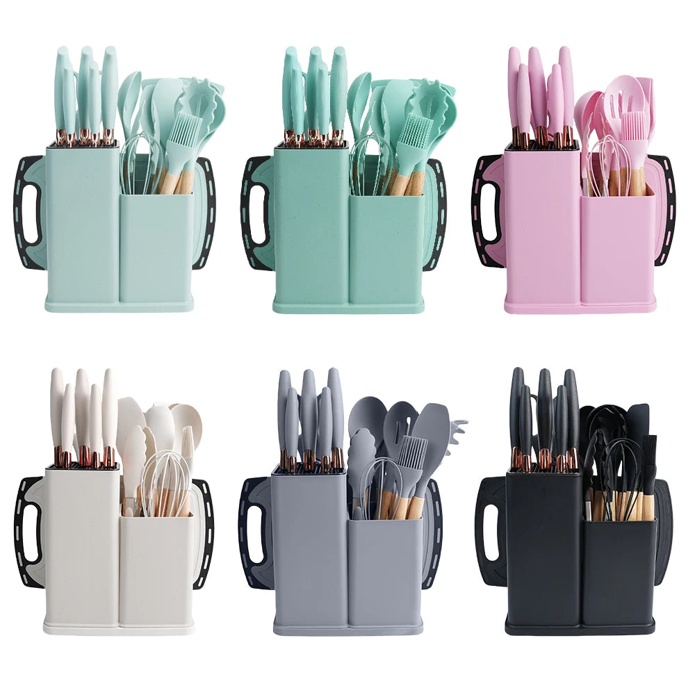European Style Kitchen Accessories Wood Silicone Utenisl Cooking Utensils Wood Silicone Kitchen Utensils Set with Cutting Board