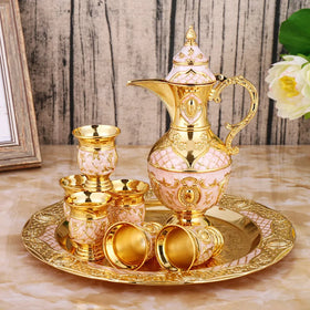 QIAN HU Tea Coffee Cups Set Ramadan Decorative Muslim Turkish Style 6 Pieces Including Tray Teapot Crystal Stones Metal Material