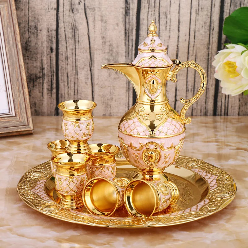 QIAN HU Tea Coffee Cups Set Ramadan Decorative Muslim Turkish Style 6 Pieces Including Tray Teapot Crystal Stones Metal Material