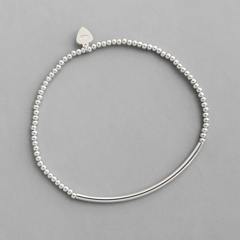 Handmade S925 Silver Pure  2mm Simple Round Bead Tube Elastic Beaded Sterling Silver Bracelet for Girls