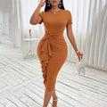 Trendy Career Dresses Short Sleeve Solid Color Hip Wrap Ruffle High Waist Office Lady Dresses for Women African Dress Factory