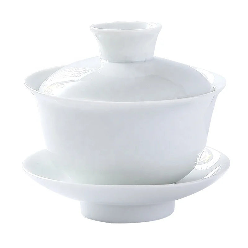 Pure White Anti-Scalding Handmade Ceramic Tea Bowl Simple Chinese Style Household Tea Ceramic Gaiwan Tea Set