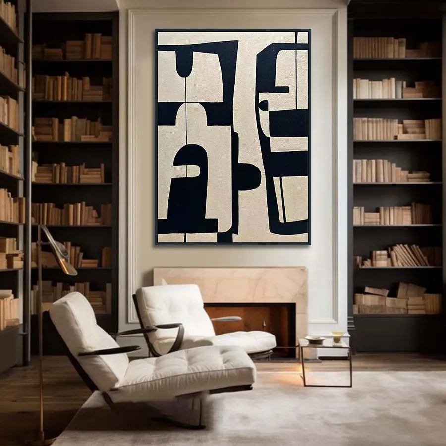 Geometric Abstract Minimalist Oil Painting on Canvas Black White Modern Artwork for Office Hallway Wall