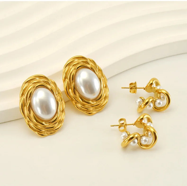 ERESI New Design Elegant Stainless Steel Stud Earrings Women Creative Fashion 18k Gold Plated Pearl Earrings Waterproof Jewelry