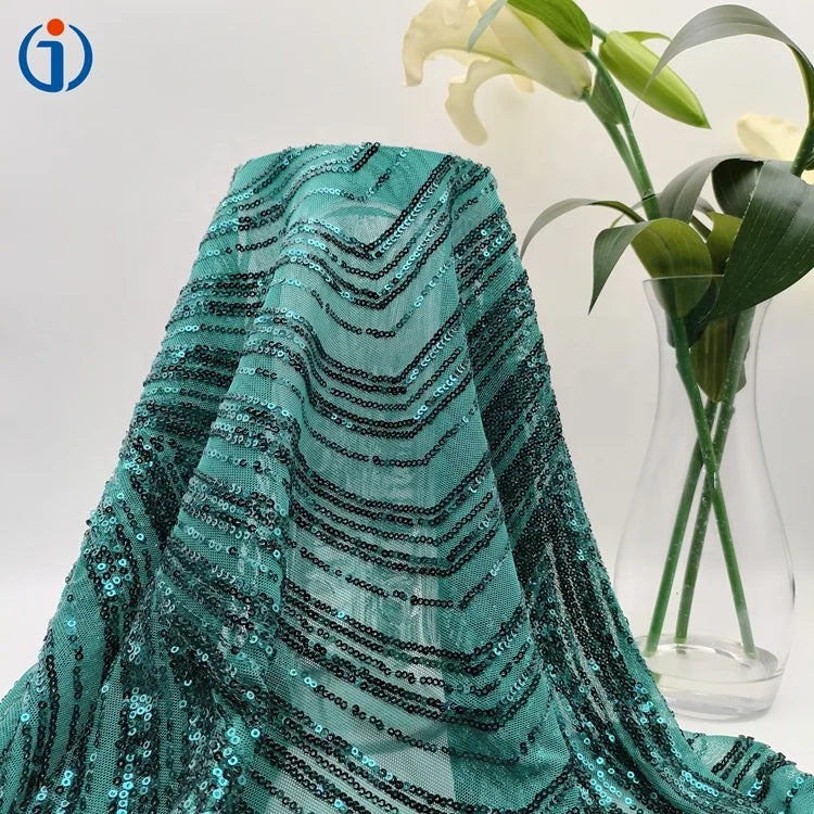 Luxury Multi Color 4 Way Stretch Polyester Spandex Big Wave Design 3MM Sequin Embroidered Mesh Fabric for Dress