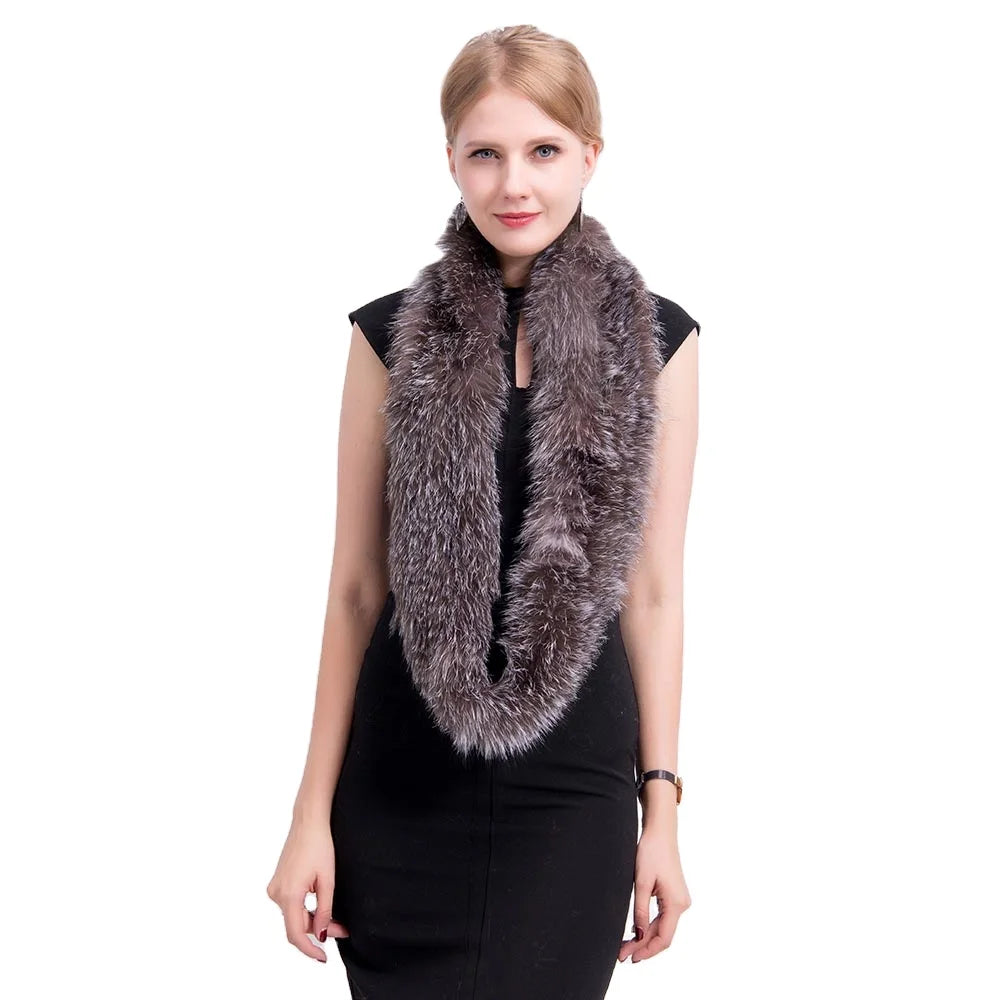 MWFur Knitted Fox Fur Infinity Scarves for Women Fashion Knit Fox Fur Scarves Women Fur Neck Collar
