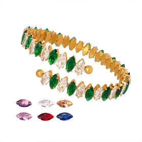FrenchRetro Luxury Diamond-Shaped Colorful Zircon Opening Bracelet Stainless Steel 18K Gold Personality Bangles for Women Gift