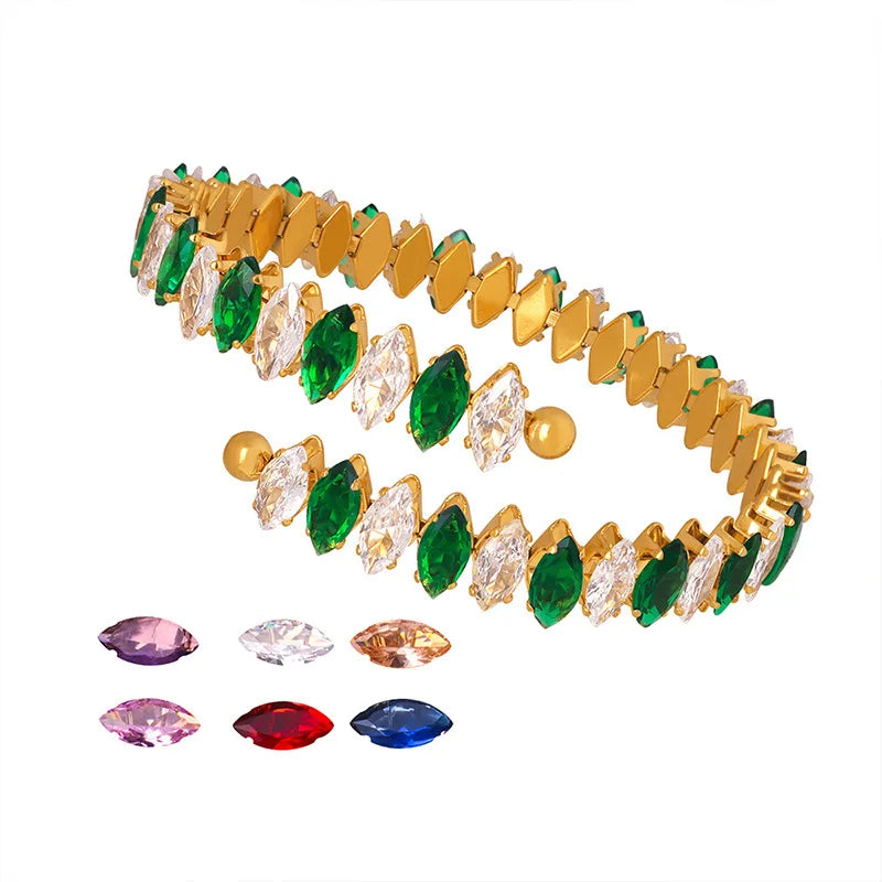 FrenchRetro Luxury Diamond-Shaped Colorful Zircon Opening Bracelet Stainless Steel 18K Gold Personality Bangles for Women Gift