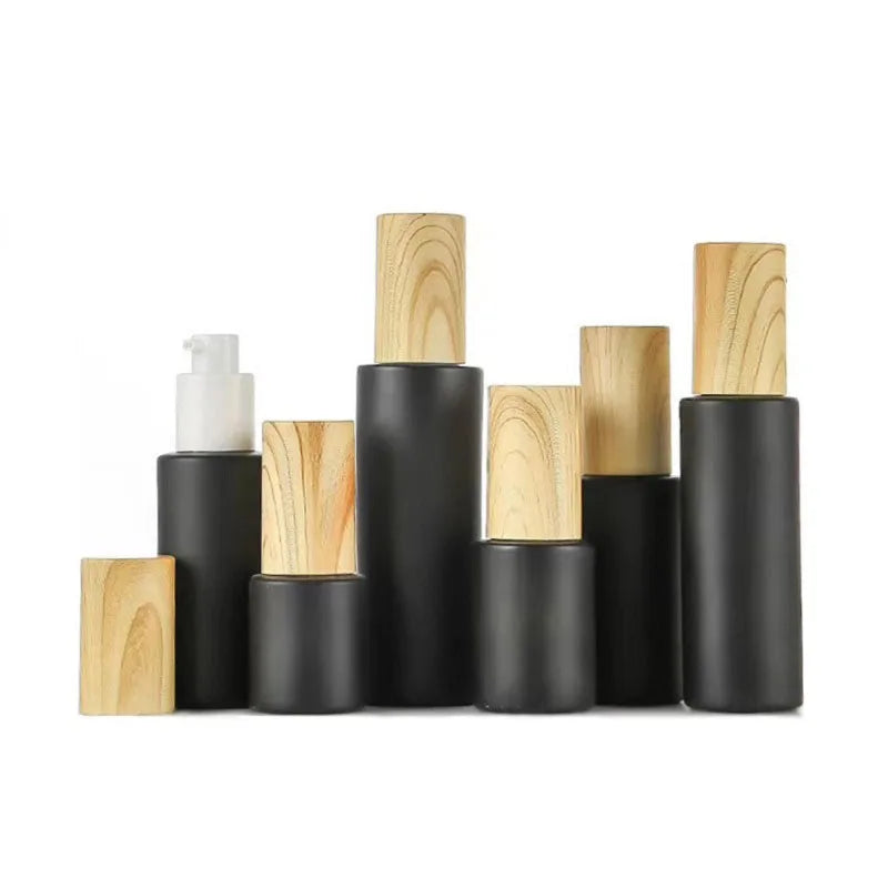 Wood Grain Plastic Cap Empty Black Frosted Glass Pump Bottles-Refillable Lotion Essential Oil Spray Bottles for Skin Care Cream
