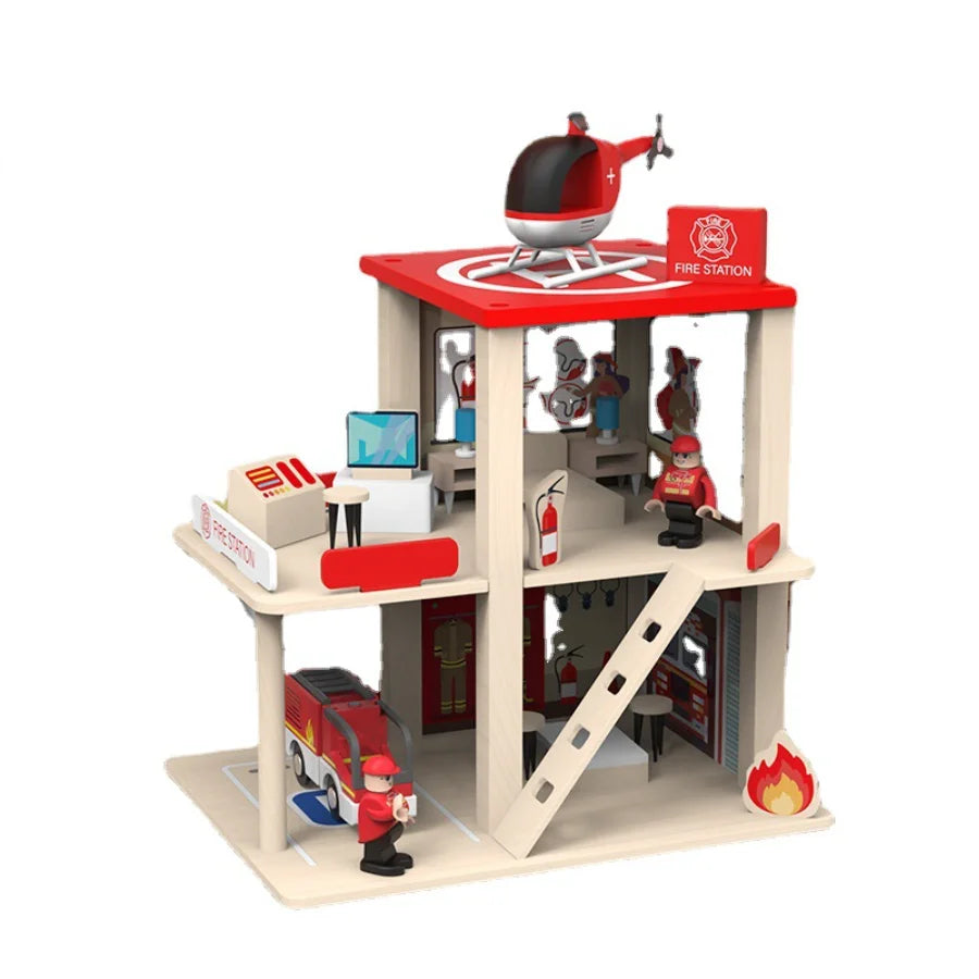 DIY Simulation Wooden Toys Fire Station  Building Blocks Pretend Play Room Decoration Novelty Gifts
