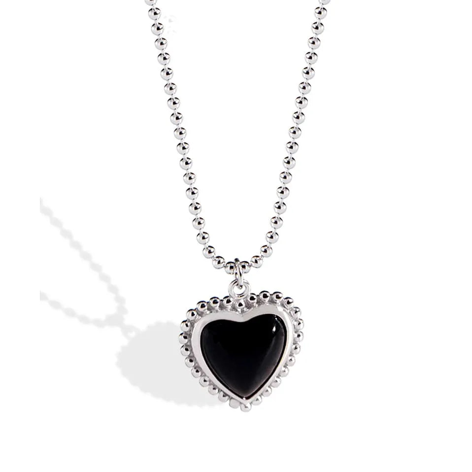 Wholesale Black Onyx Heart Necklace 925 Sterling Silver Necklace Long Beaded Onyx Necklace for Women