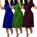 Women Dresses Short Sleeves Lovely Ruffles Peter Pan Collar a Line High Waist Pleated Green Knee Length African Fashion Vestidos