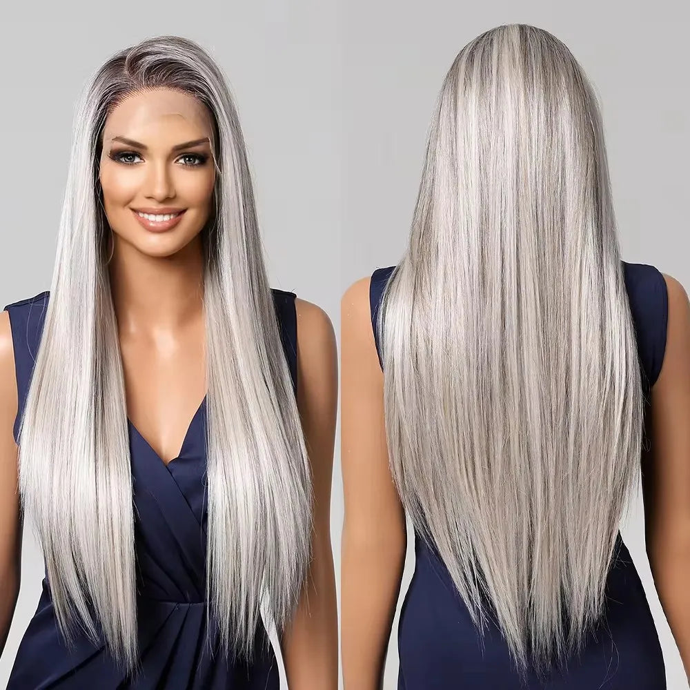Japanese Fiber Platinum Blonde Lace Front Wigs 13*6 Lace Synthetic Wig Long Silk Straight Hair Natural Blonde Highlight Wig