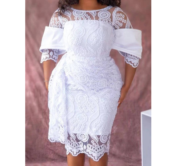 Midi Half Sleeves Draped Lace Wedding Guest Plus Size Dresses Women