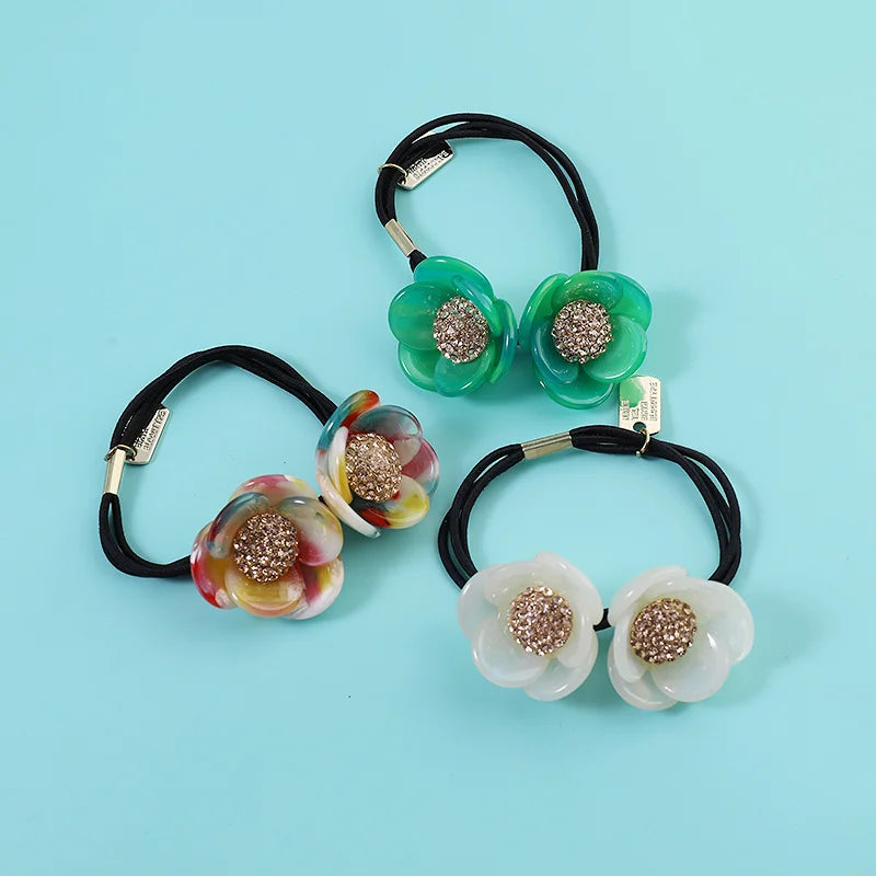 Midairy Korean Double Scrunchie High Elastic Rubber Acetate Hair Band Rhinestone Multicolor Flower Hair Ring 6.4cm 4339