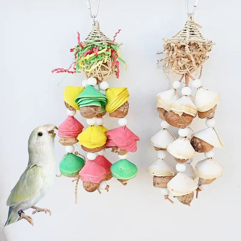 Wholesale Eco-Friendly Natural Fruit Rattan Woven Paper Bite Relief Supplies Cross-Border Bird Toy Plush Wood Flower String